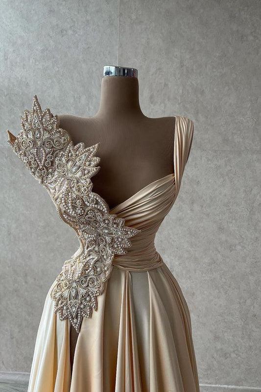 Champagne A-Line Satin V-Neck Long Ball Dress, One-Shoulder Formal Evening Dress ED01355