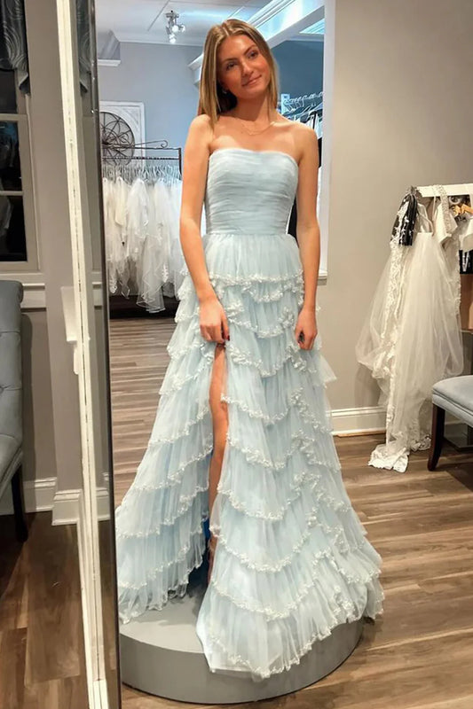 Light Blue Strapless Layered Tulle Prom Dress with Sequins   ED01359