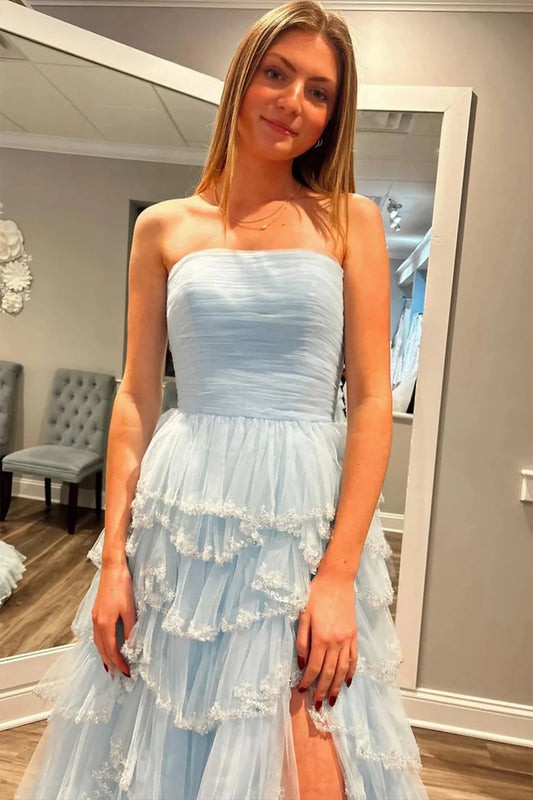 Light Blue Strapless Layered Tulle Prom Dress with Sequins   ED01359