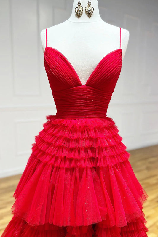 Red Tulle Deep V Neck Spaghetti Straps Long Prom Dress  ED01360