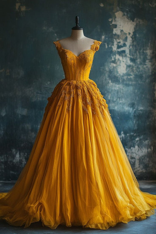 Marigold Vintage A-line Sweetheart Neck Long Ball Dress Applique Vintage Evening Dress  ED01361