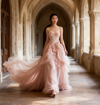 Pink Vintage A-line Sweetheart Lace Tulle Long Evening Gown Applique Wedding Dress  ED01364