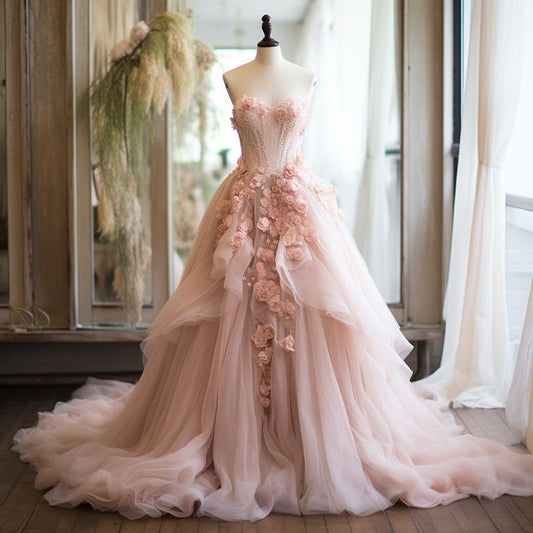 Pink Vintage A-line Sweetheart Lace Tulle Long Ball Gown Applique Wedding Dress  ED01364