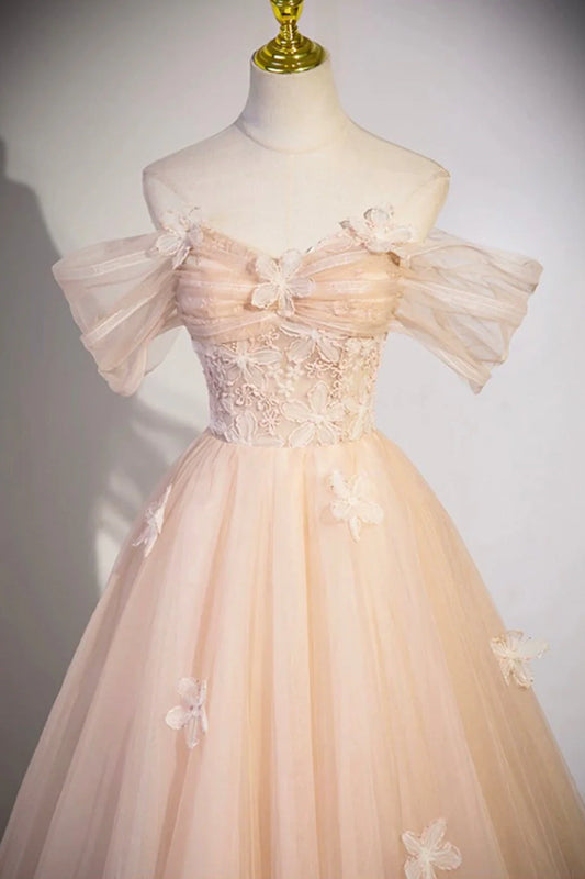 Robe de soirée longue en tulle à fleurs, robe de soirée champagne à épaules dénudées ED01365