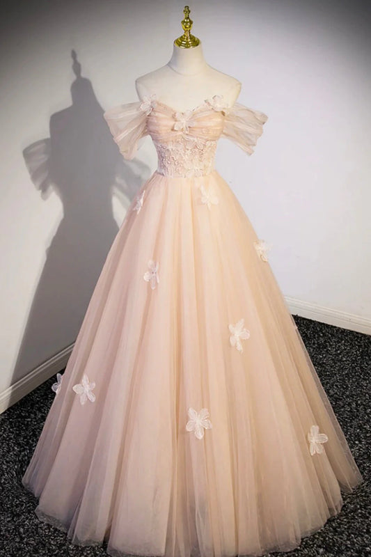 Robe de soirée longue en tulle à fleurs, robe de soirée champagne à épaules dénudées ED01365