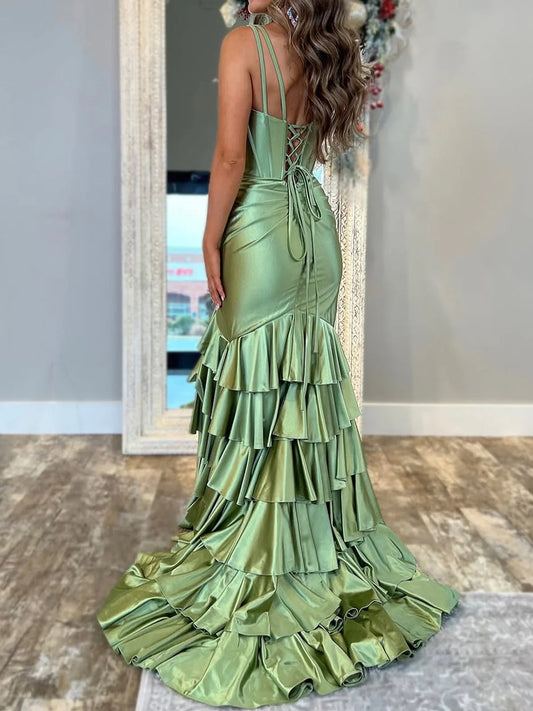 Robe de bal longue en satin à col en V et jupe à volants style sirène ED01367