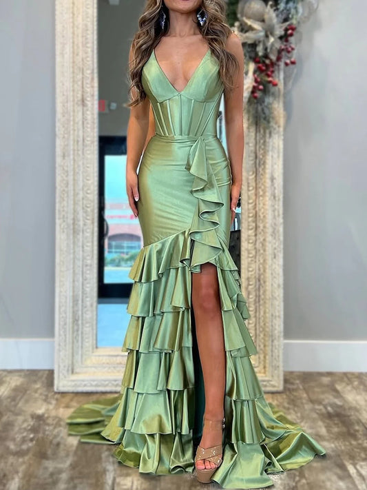 Robe de bal longue en satin à col en V et jupe à volants style sirène ED01367