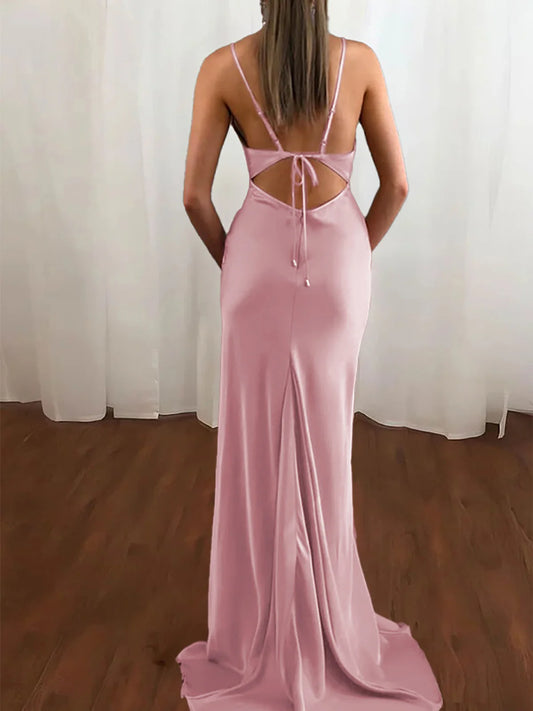 Robe de bal sirène en satin rose poudré à bretelles spaghetti ED01368