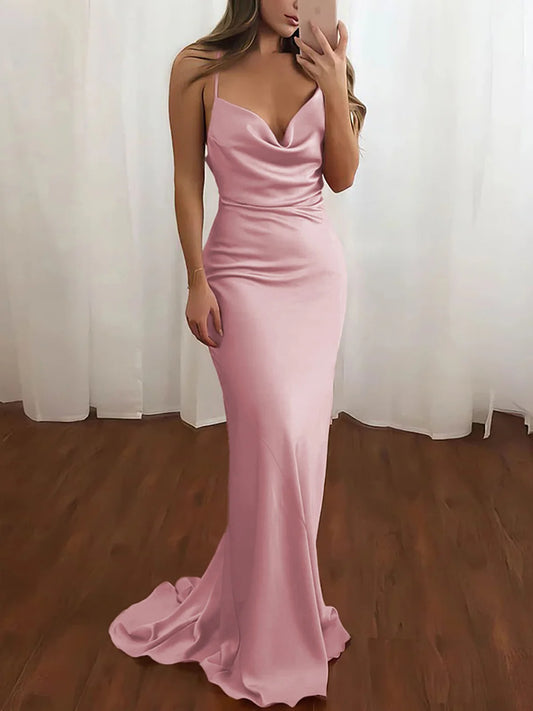Robe de bal sirène en satin rose poudré à bretelles spaghetti ED01368