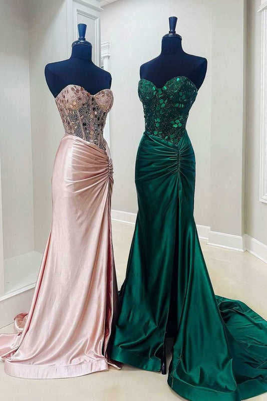 Robe de soirée longue style corset avec strass et miroir en verre taillé et fente ED01369