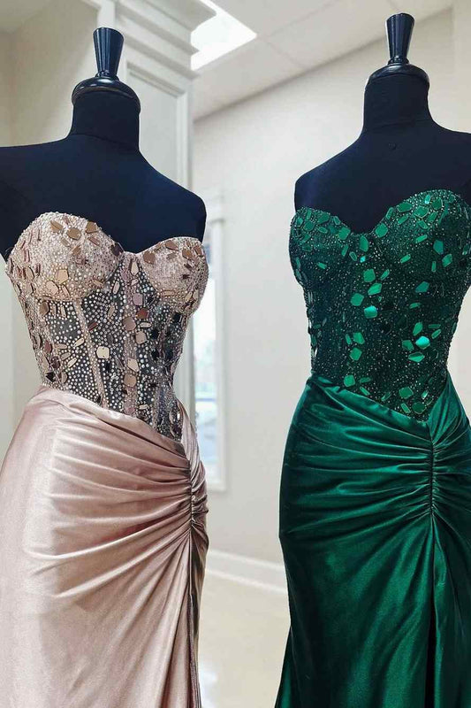 Robe de soirée longue style corset avec strass et miroir en verre taillé et fente ED01369