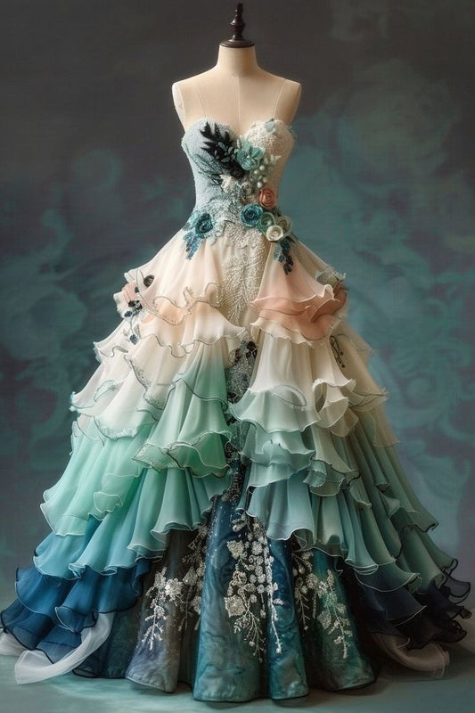 Vintage Ombre A-line Sweetheart Chiffon Long Ball Gown Embroidered Applique Sweet Floral Formal Dress ED01373