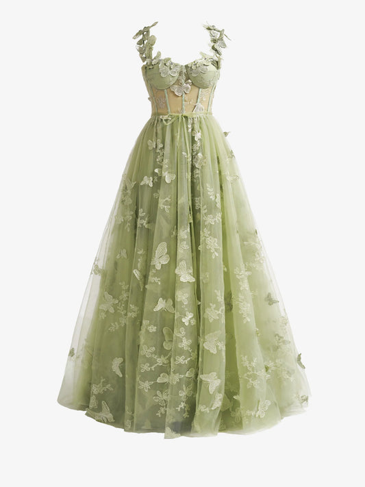 Robe de bal trapèze verte en dentelle papillon avec corset et fente ED01376