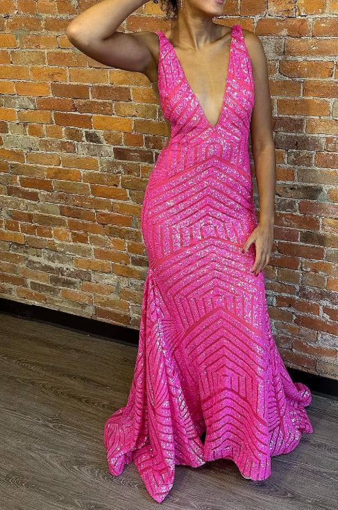 Robe de bal longue sirène à paillettes roses et col en V profond ED01377