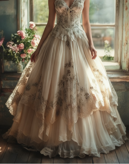 Robe de bal longue vintage trapèze en tulle et dentelle, décolleté en cœur, avec appliques florales, ED01378
