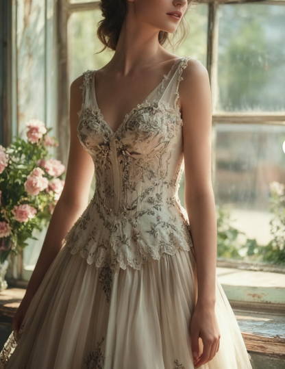 Vintage A-line Sweetheart Neck Tulle Lace Long Prom Dress Applique Sweet Flower Wedding Dress ED01378