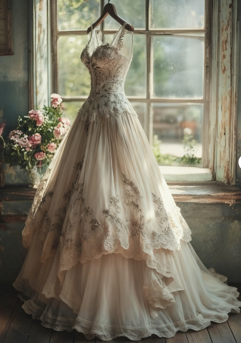 Robe de bal longue vintage trapèze en tulle et dentelle, décolleté en cœur, avec appliques florales, ED01378