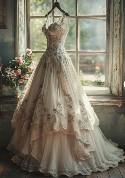 Robe de bal longue vintage trapèze en tulle et dentelle, décolleté en cœur, avec appliques florales, ED01378