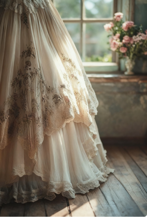 Robe de bal longue vintage trapèze en tulle et dentelle, décolleté en cœur, avec appliques florales, ED01378