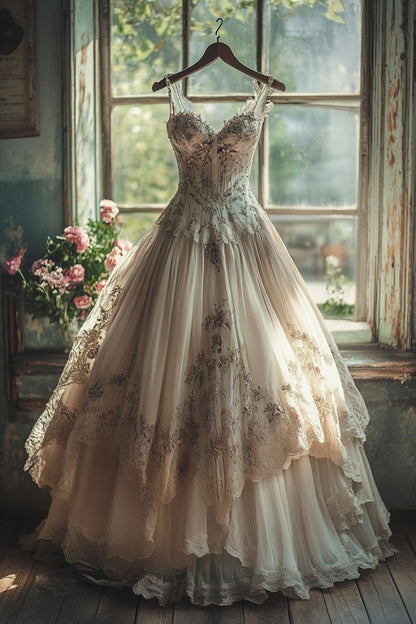 Vintage A-line Sweetheart Neck Tulle Lace Long Prom Dress Applique Sweet Flower Formal Dress ED01378