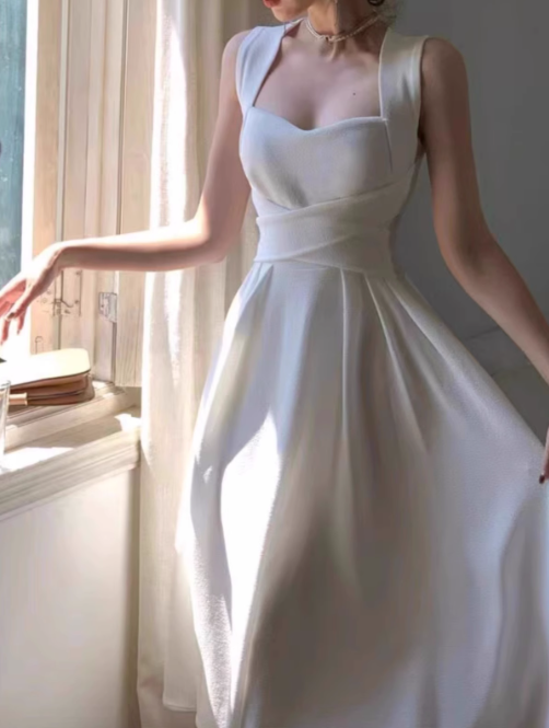 French style niche light luxury white straps dress elegant white birthday dress  ED0137