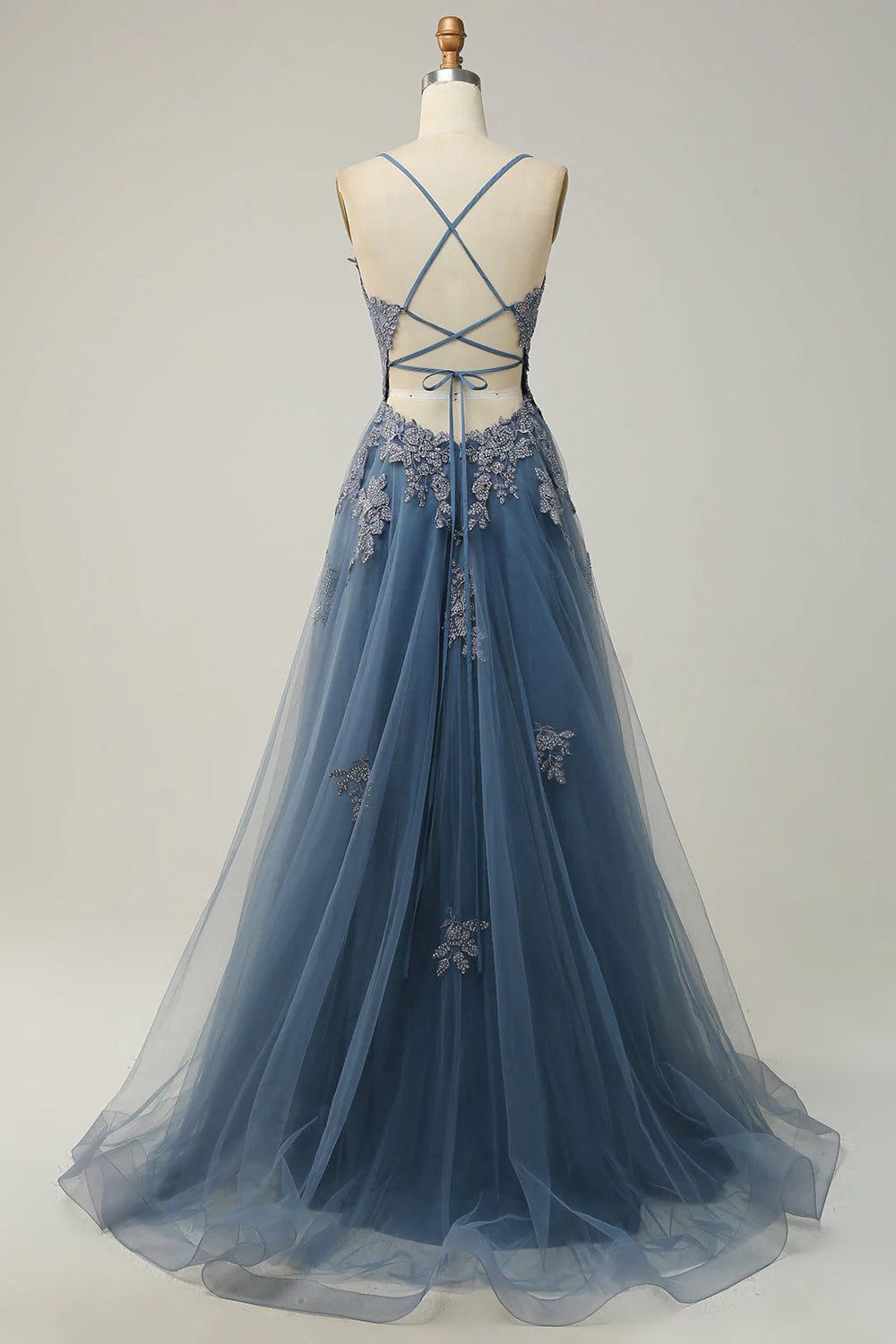 Sage A-line Spaghetti Strap Tulle Long Prom Dress Applique V-neck Party Dress ED01380