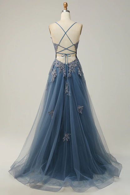 Sage A-line Spaghetti Strap Tulle Long Prom Dress Applique V-neck Party Dress ED01380