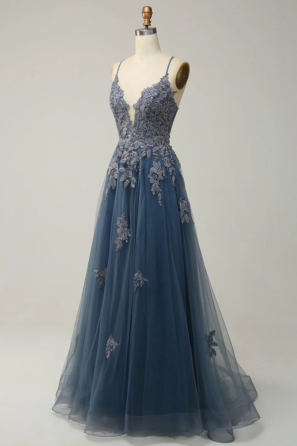 Sage A-line Spaghetti Strap Tulle Long Prom Dress Applique V-neck Party Dress ED01380