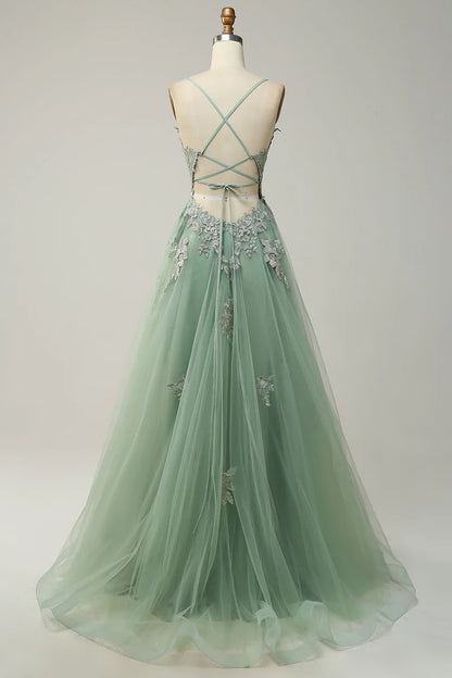 Sage A-line Spaghetti Strap Tulle Long Prom Dress Applique V-neck Party Dress ED01380