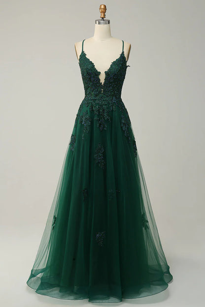 Sage A-line Spaghetti Strap Tulle Long Prom Dress Applique V-neck Party Dress ED01380