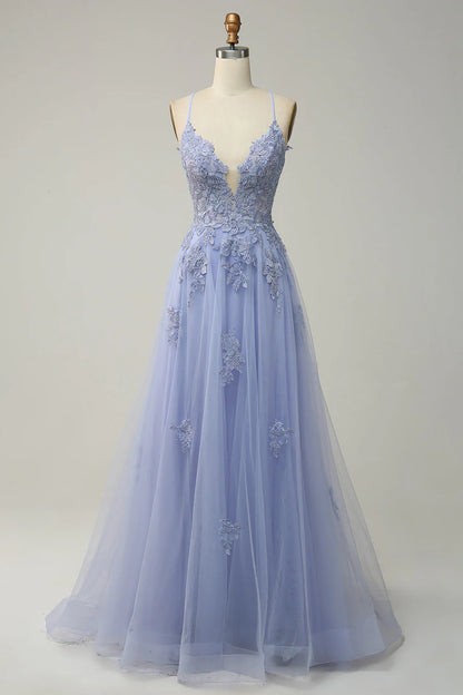 Sage A-line Spaghetti Strap Tulle Long Prom Dress Applique V-neck Party Dress ED01380