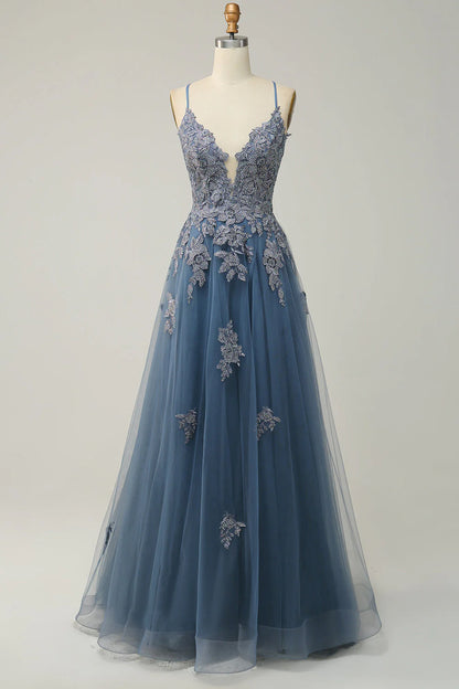 Sage A-line Spaghetti Strap Tulle Long Prom Dress Applique V-neck Party Dress ED01380