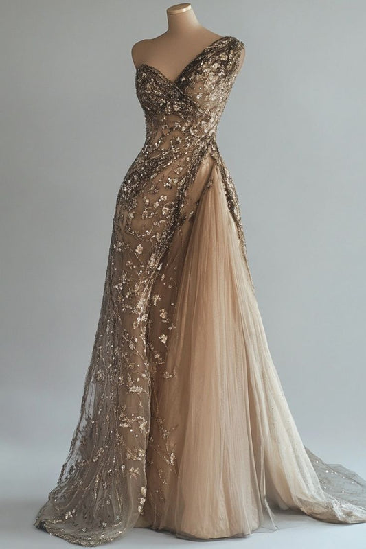 Champagne Vintage A-line One-shoulder Sequined Tulle Long Prom Dress ED01381