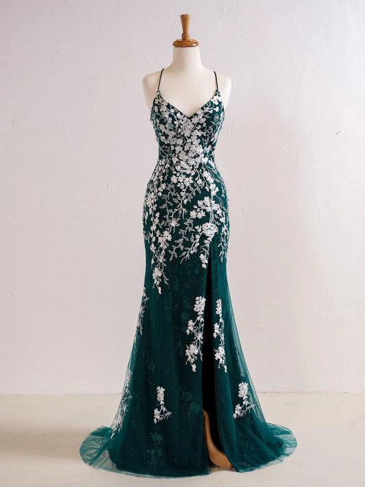 Robe de bal longue sirène à col en V et perles appliquées ED01382