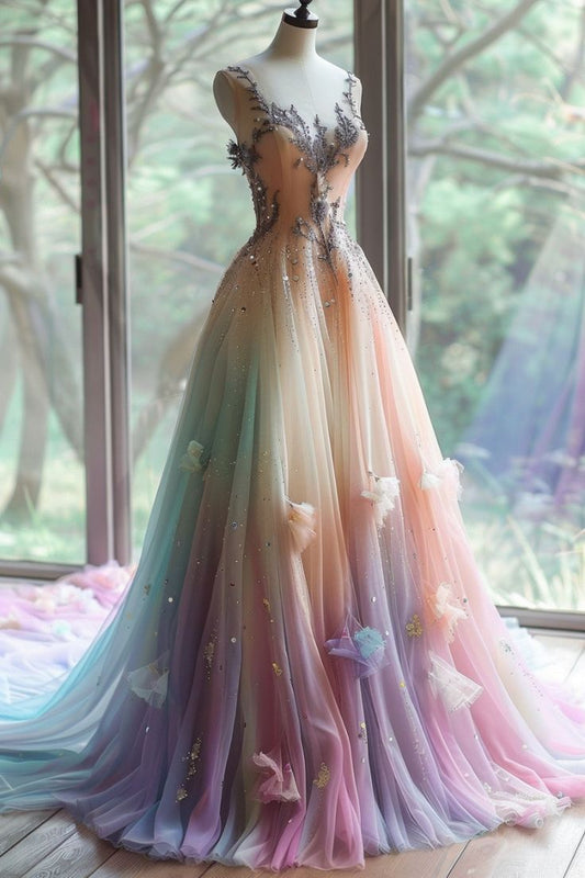 Colorful Vintage A-line Sweetheart Neck Beaded Tulle Long Ball Gown, Sequined Appliqué Evening Gown ED01383