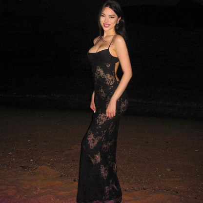 Black Mermaid Spaghetti Strap Long Prom Dress See-through Evening Dress With Slit ED01386