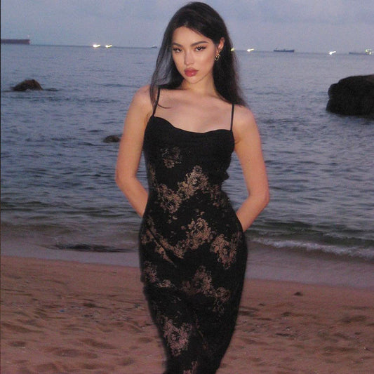 Black Mermaid Spaghetti Strap Long Prom Dress See-through Evening Dress With Slit ED01386