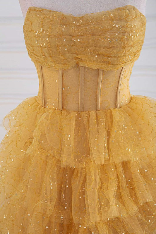 Robe de bal longue en tulle pailleté, coupe trapèze, sans bretelles, dorée, pour les 16 ans, ED01387