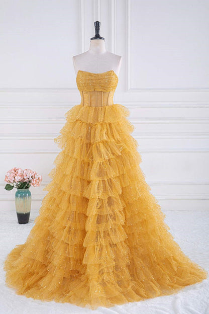 Robe de bal longue en tulle pailleté, coupe trapèze, sans bretelles, dorée, pour les 16 ans, ED01387