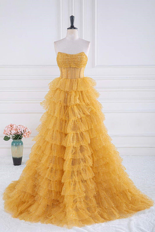 Robe de bal longue en tulle pailleté, coupe trapèze, sans bretelles, dorée, pour les 16 ans, ED01387