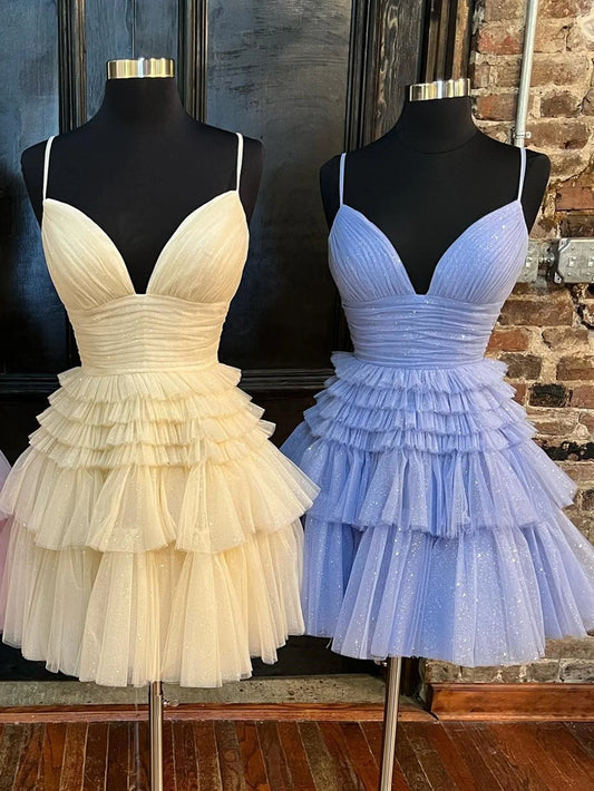 A-Line Deep V Neck Tiered Short Prom Dress ED01446