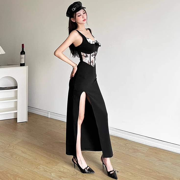 Black V-neck Spaghetti Strap Long Prom Dress With Slit ED01394