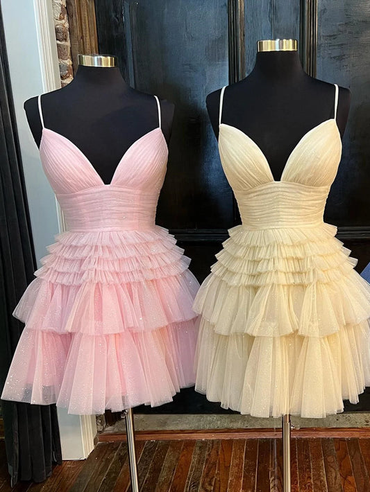 A-Line Deep V Neck Tiered Short Prom Dress ED01446