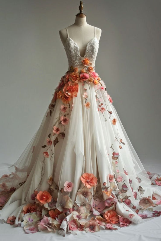 Aesthetic A-line V-neck Tulle Applique Wedding Dress, Elegant Lace Spaghetti Strap Prom Dress ED01395
