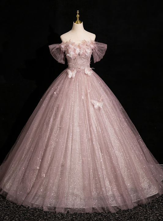 Pink Tulle Sequins Off the Shoulder Butterfly Flower Prom Dress ED01396