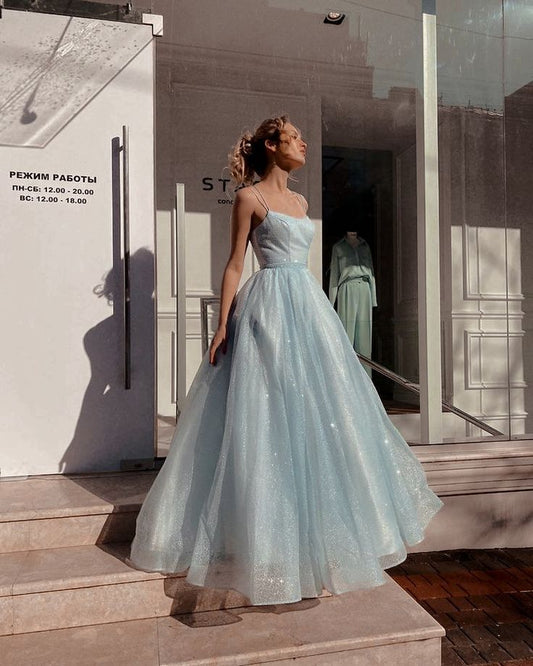 Sky blue A-line spaghetti strap tulle simple long prom dress ED01397