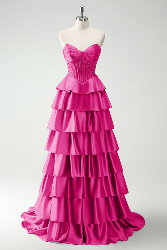 Fuchsia A-line strapless sweetheart neck satin simple long prom dress ED01398