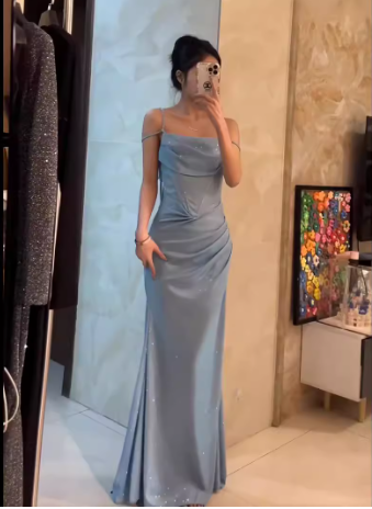 Blue Mermaid Spaghetti Strap Simple Long Prom Dress ED01399