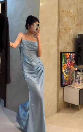 Blue Mermaid Spaghetti Strap Simple Long Prom Dress ED01399