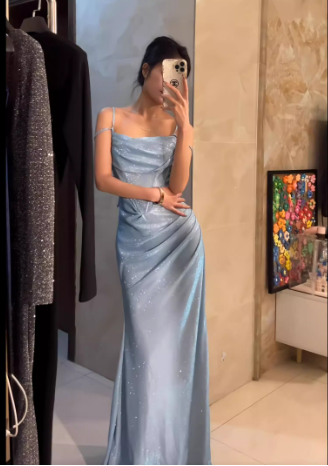 Blue Mermaid Spaghetti Strap Simple Long Prom Dress ED01399